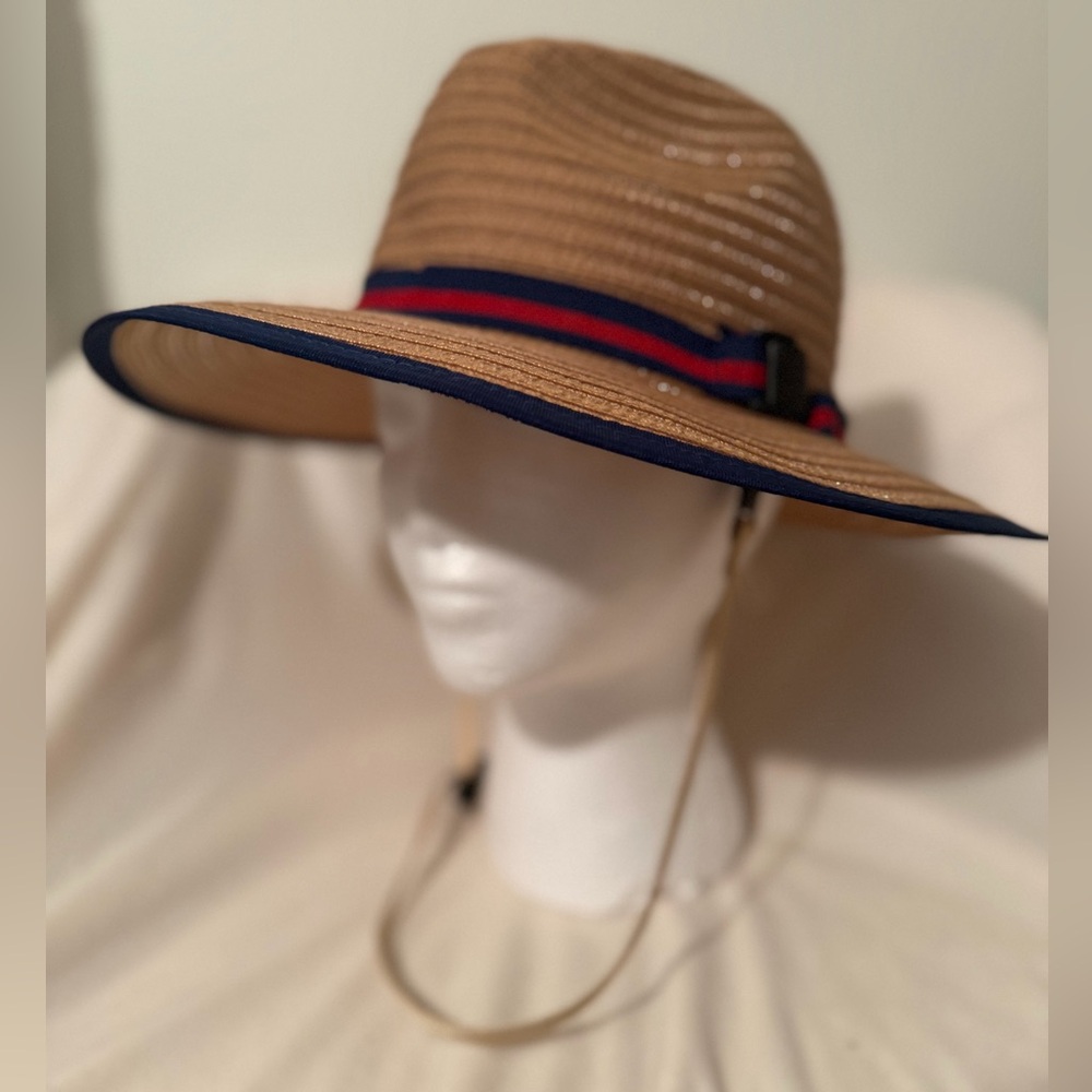 Tan Straw Hat with Blue and Red Trim